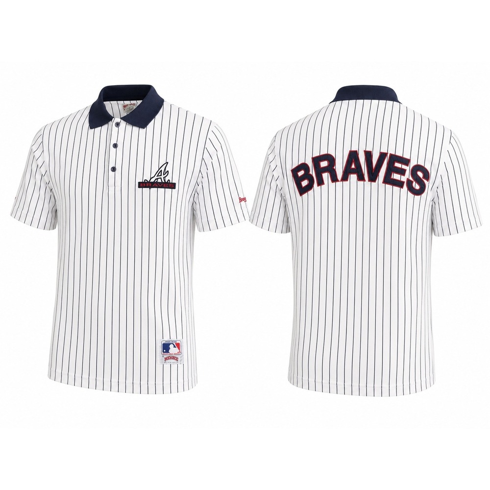 Vintage‎ Nutmeg Mills Atlanta Braves MLB Pinstripe Polo Shirt Mens Medium White